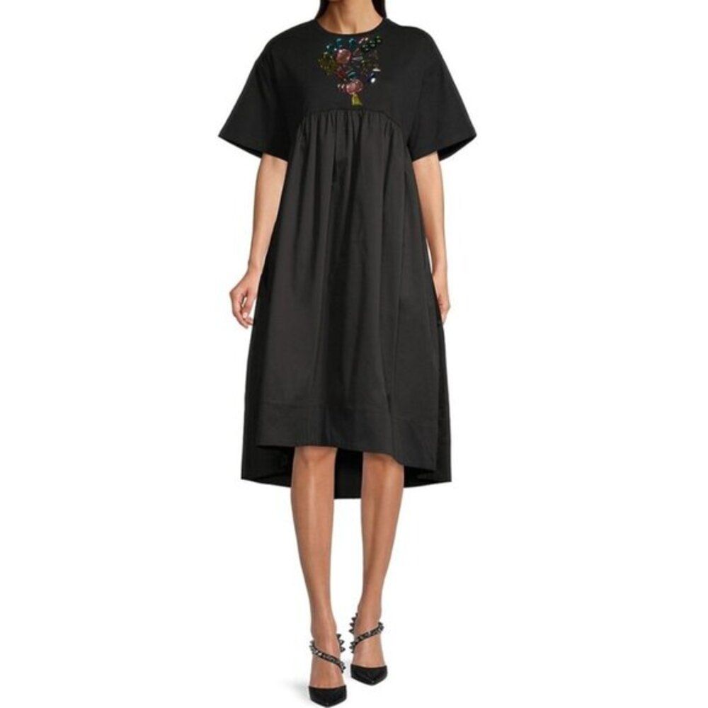 New Cynthia Rowley Jeweled Gemstone Gem Stone Hi Low Black T-Shirt Tee Dress